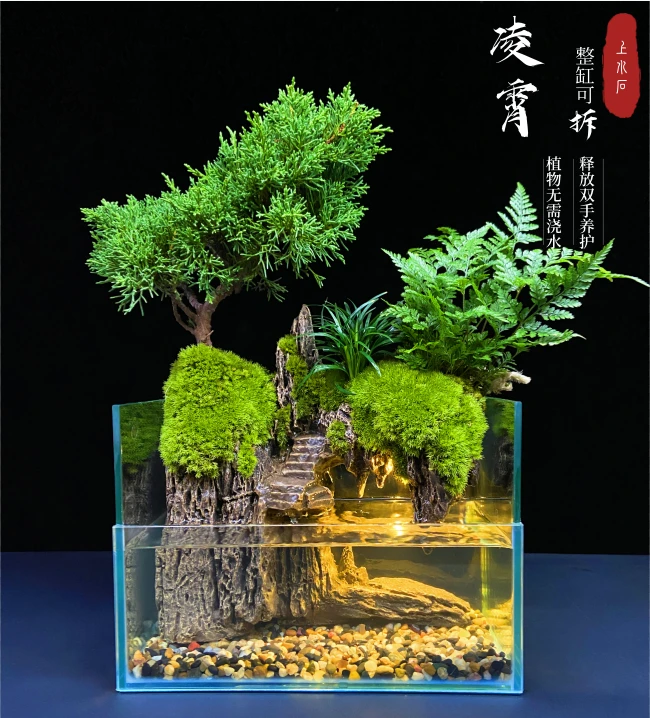 【凌霄25*16*18】可拆上水石山水绿植苔藓微景观流水可养鱼中式摆件
