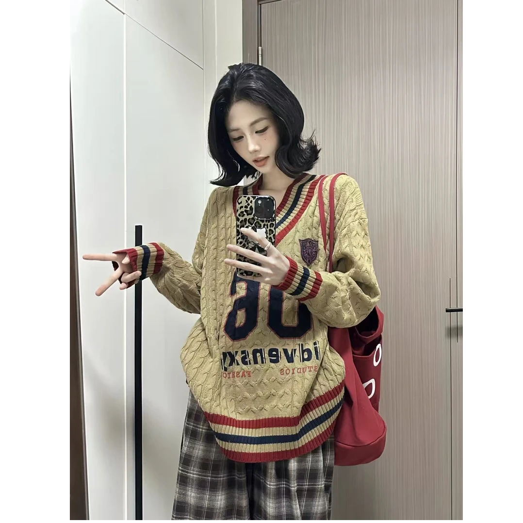 森森SENSEN|美式慵懒露肩毛衣女秋冬宽松V领麻花上衣