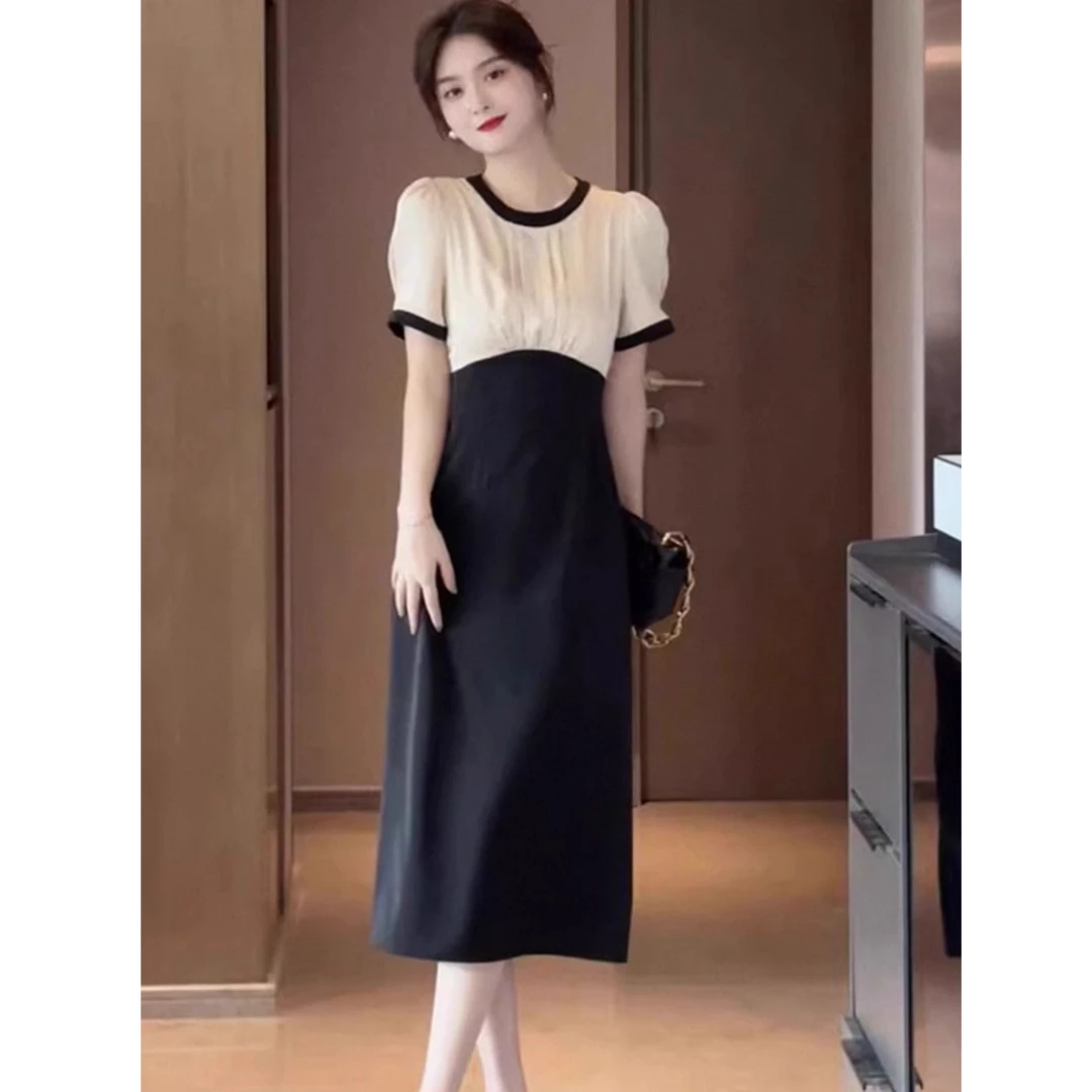 轻熟风气质中长裙女夏季欧货拼接连衣裙设计感褶皱收腰显瘦中长裙