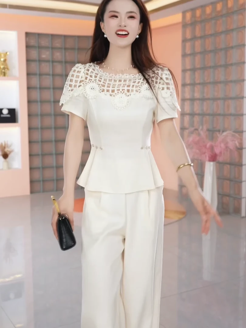 〈纪朵研〉0533时尚气质套装女夏季新款妈妈装洋气显瘦阔腿裤两件套