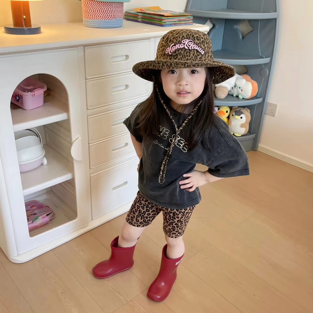 现货夏季新款2025韩版童装复古圆领字母印花短袖骑行裤五一出游