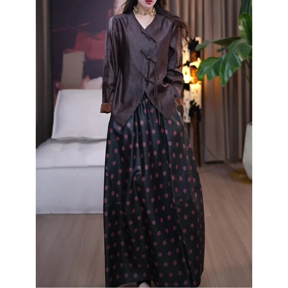 新中式时尚休闲套装女2025秋季新款宽松显瘦长袖衬衫+波点半身裙
