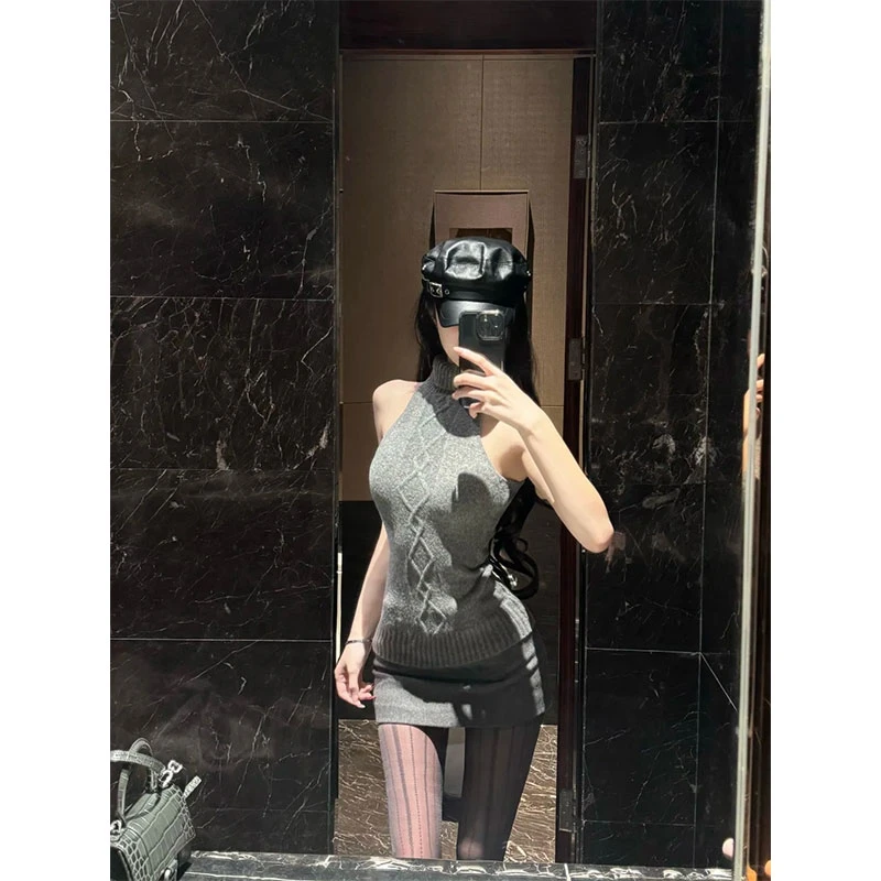 春秋季新款高级感绞花高领修身背心针织衫无袖上衣气质百搭短裙