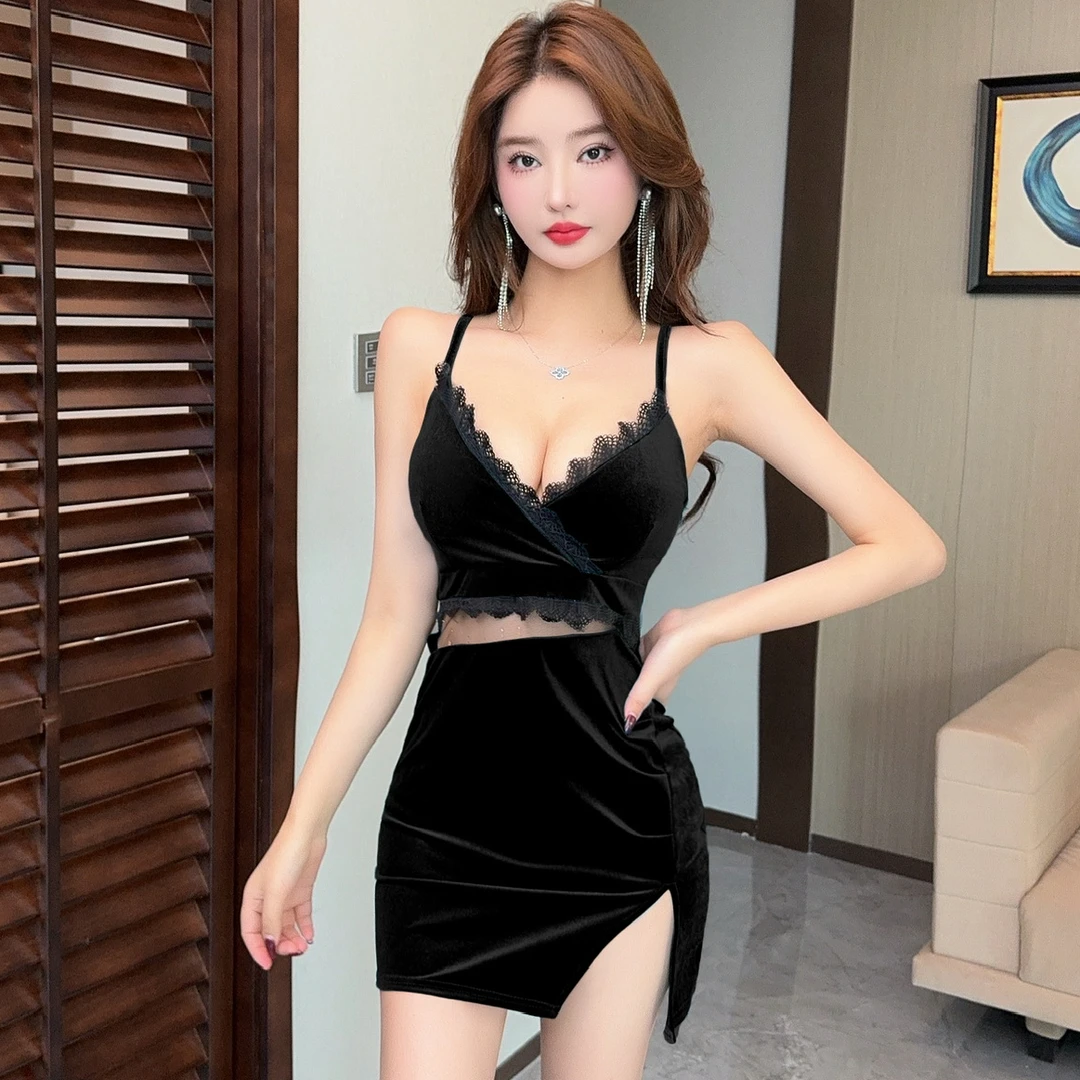 夜场性感女装气质高级感丝绒洋气吊带连衣裙足浴spa假两件连衣裙