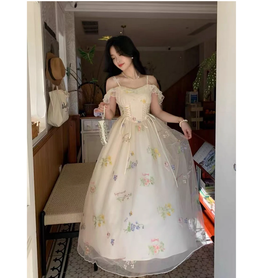 铃兰奶栀 仙气法式彩色绣花网布绑带一字肩吊带连衣裙夏