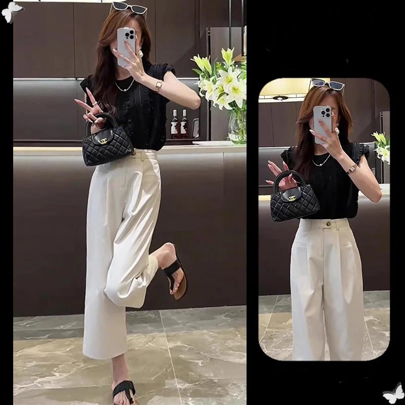 裤子时尚套装2025夏季新款小香风花边微透木耳边上衣九分裤套装女