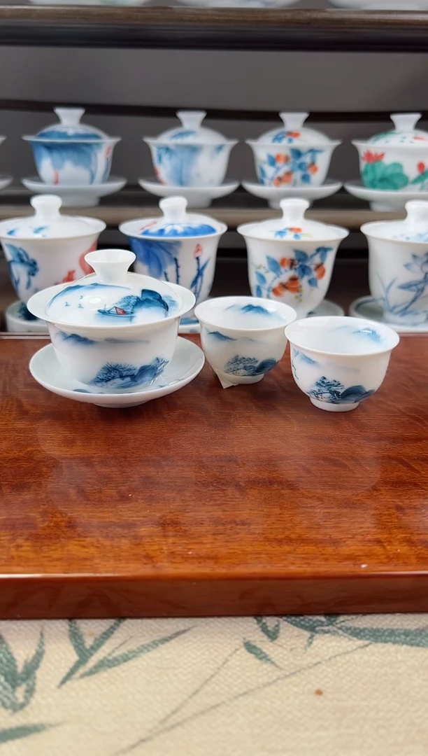 微瑕千里江山80ml三才盖碗+小美人杯2个