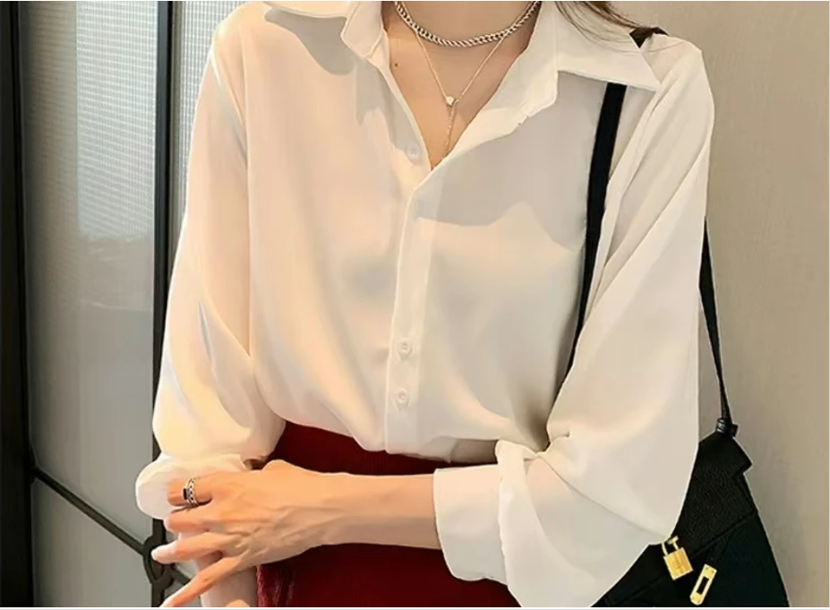 白色韩版小众法式夏季女式白色抗皱衬衫薄款长袖垂感衬衣时尚百搭