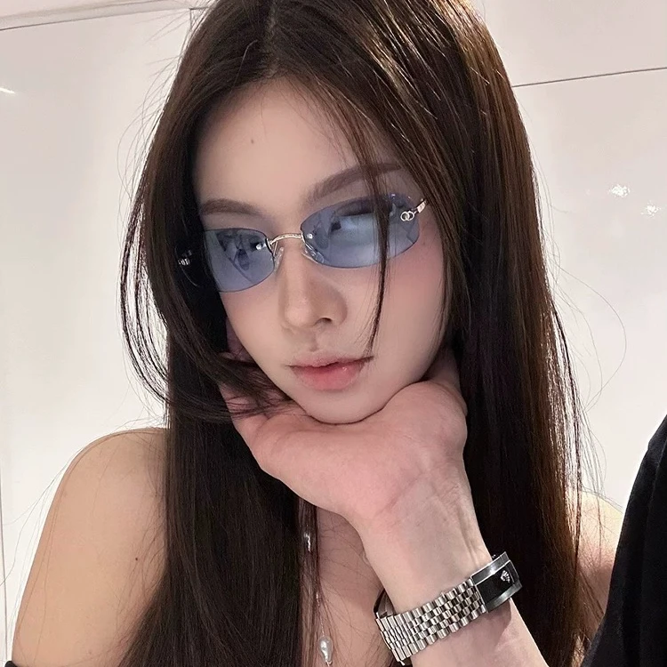 墨镜女高级感蓝色无框亚裔Y2K辣妹眼镜防紫外线太阳镜男