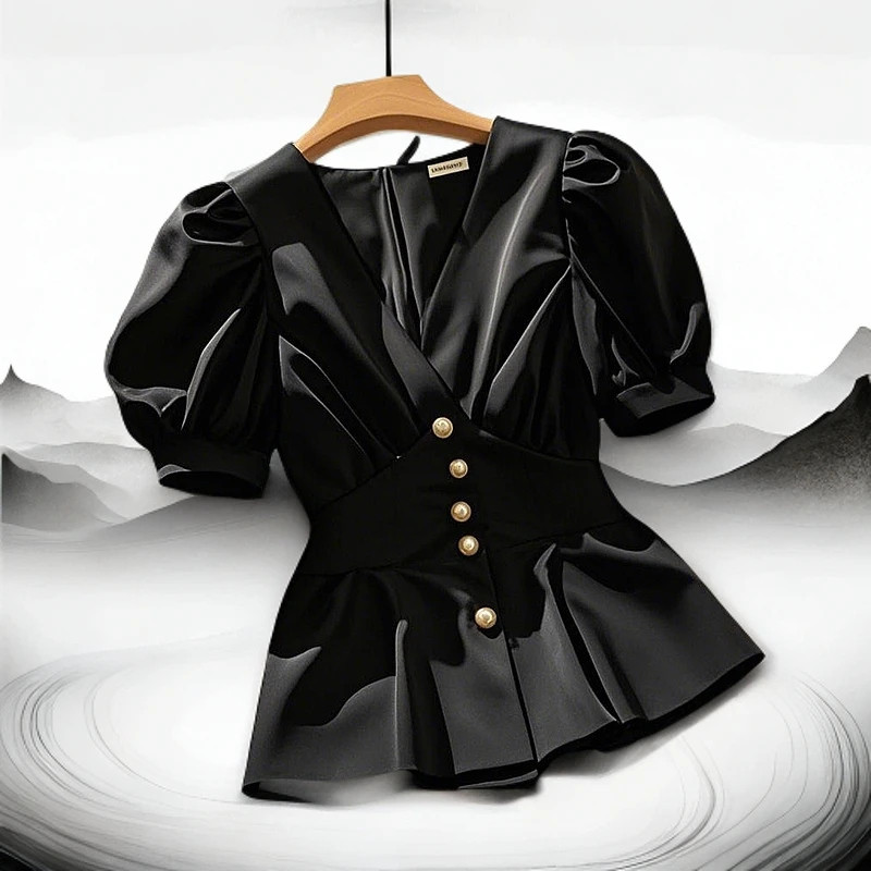 2025年夏季新款收腰显瘦黑色衬衫v领高级感时尚百搭泡泡袖上衣女