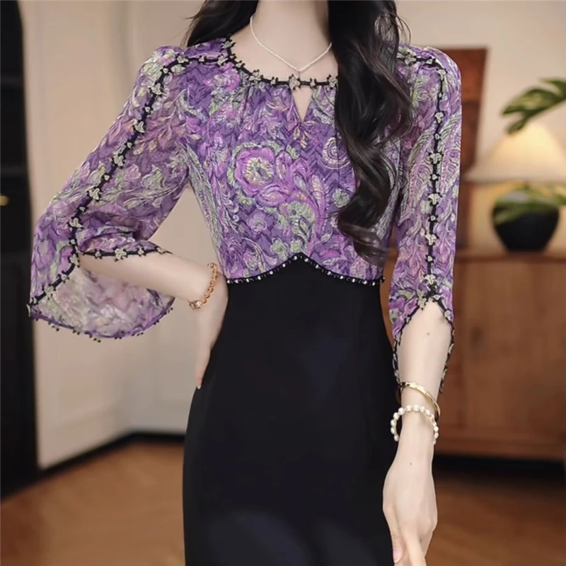 高档云锦纱面料连衣裙女春夏2025新款时尚气质显瘦中长款礼服裙子