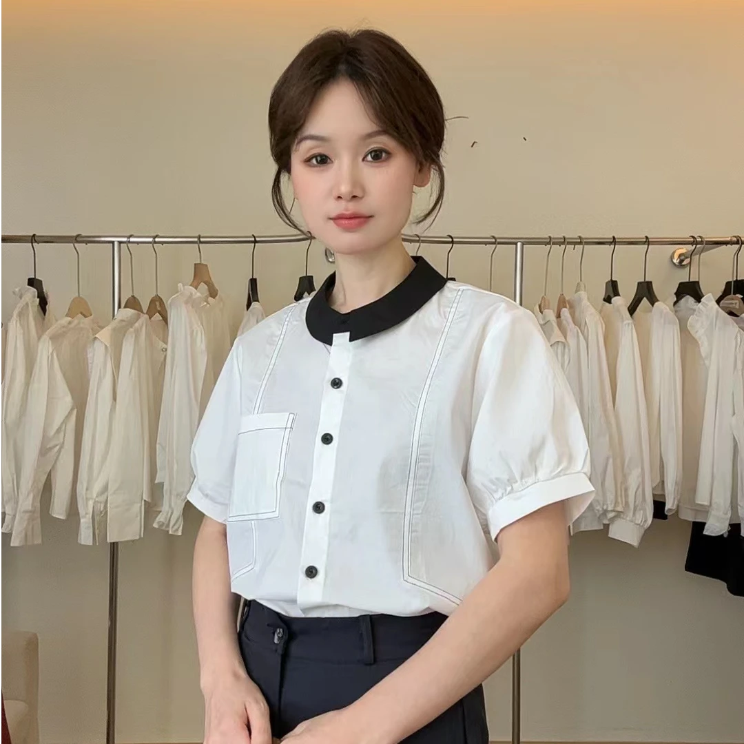040衬衫上衣女设计感2025夏季新款韩版拼色短袖上衣