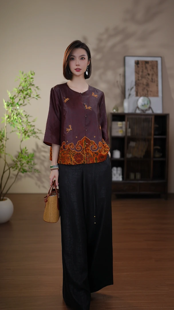 GONG QUE【金蜓萦舞】新中式桑蚕丝红云纱圆领七分袖对襟外套 3151