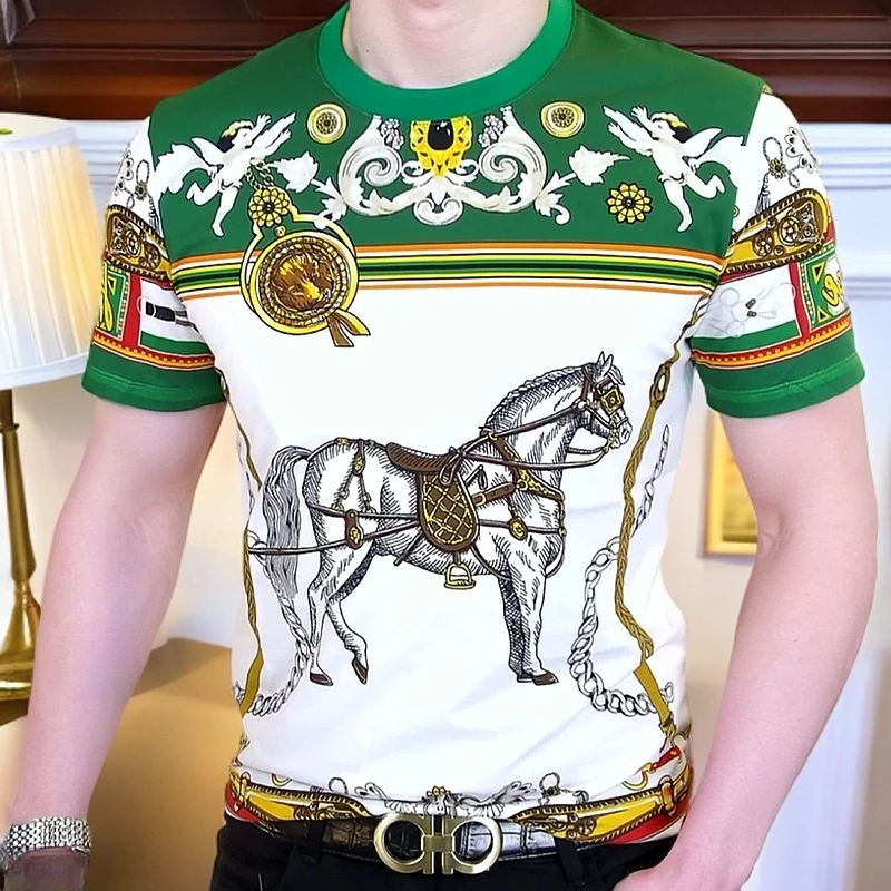 【专柜品质】男士夏季高品质时尚修身潮流个性短袖欧货印花冰丝T恤