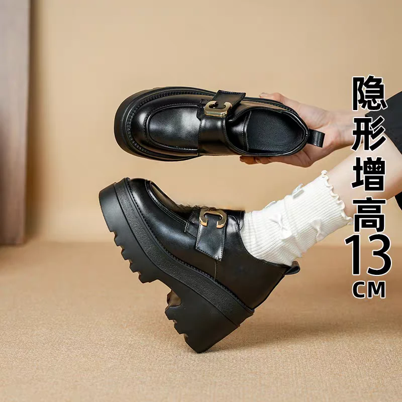 小个子乐福鞋女2025春季新款圆头松糕厚底防水台黑色英伦风小皮鞋