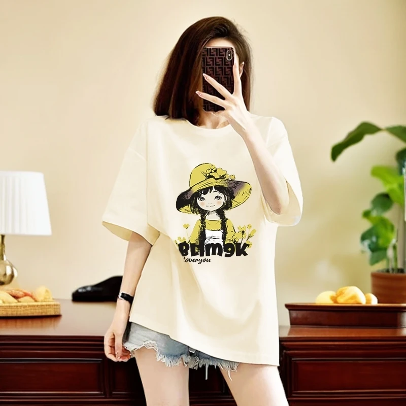 2025夏季新款草帽女孩印花纯棉休闲宽松时尚百搭小众女士短袖t恤