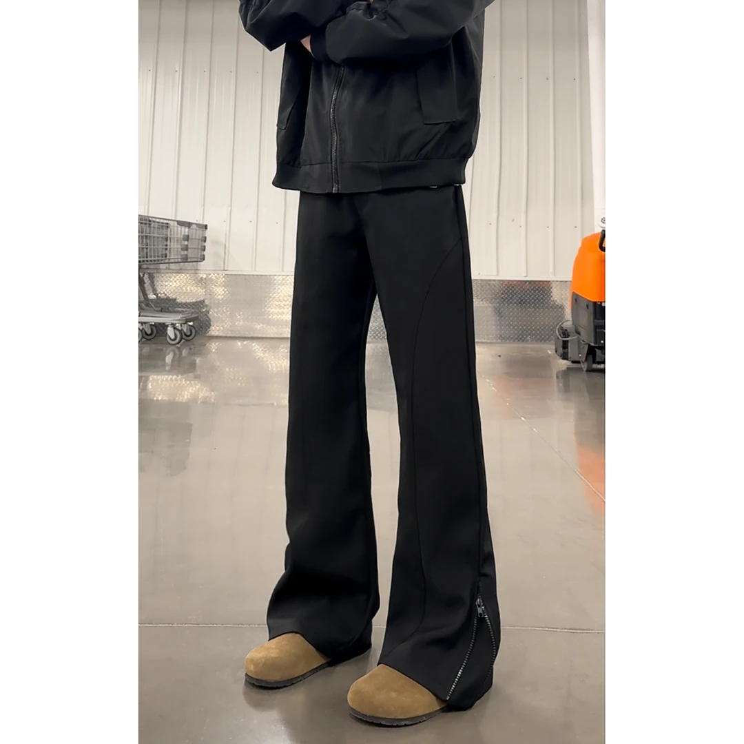 春季新品显高显瘦弯刀微喇黑色长裤休闲裤潮流垂感百搭拉链西裤