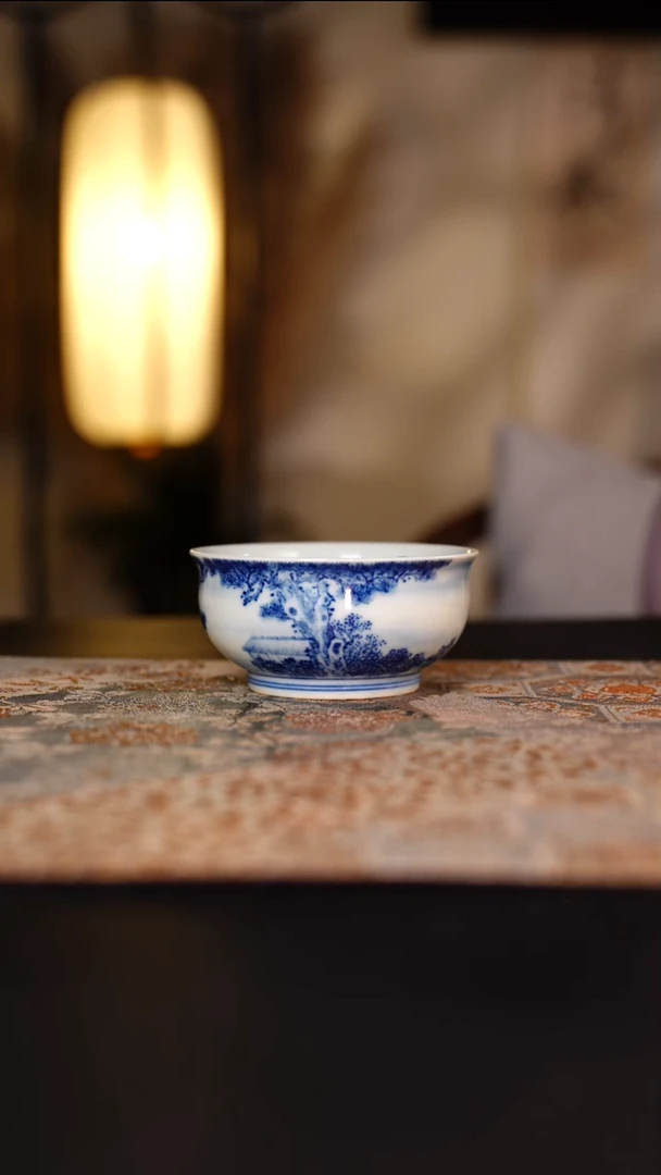 待月观山青花山水炉式杯