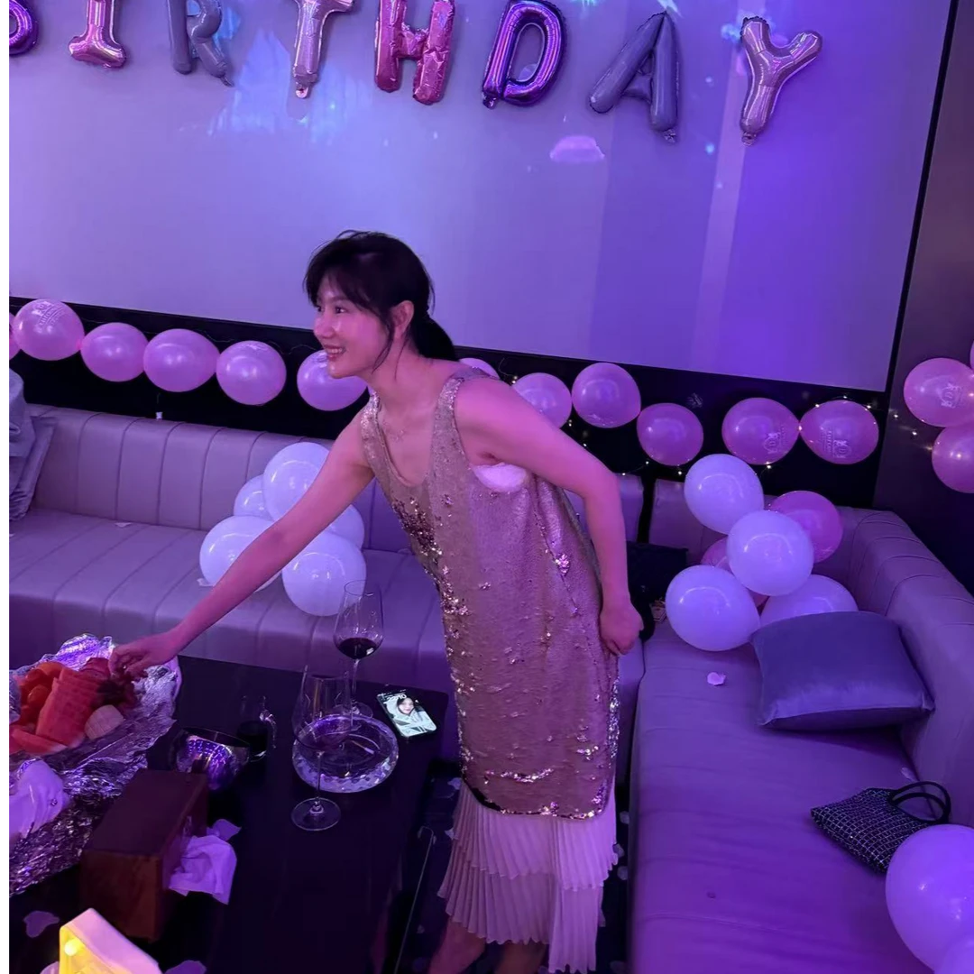 [Janunes Liu]2025春季新款重工亮片气质拼接连衣裙LYQ1700