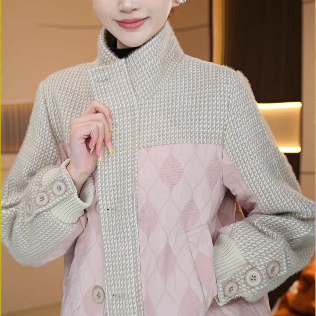 2510#拼接pink粉色系休闲加厚拼接棉衣时尚百搭外套棉服