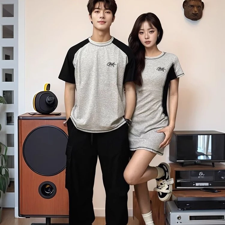情侣装一裙一衣高级感2025新款夏季网红法式情侣短袖T恤套装男女