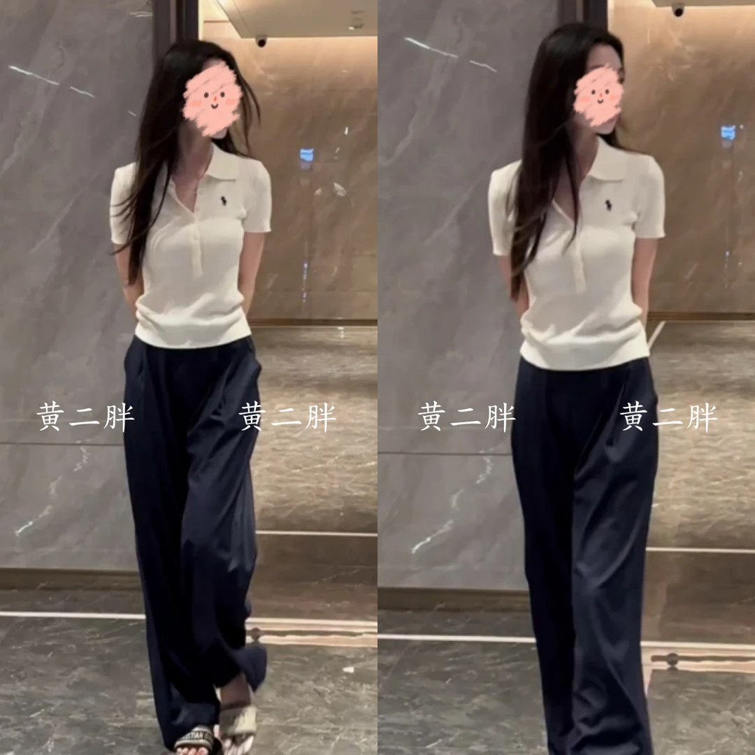 韩系简约polo领短袖T恤女修身显瘦上衣+慵懒宽松直筒长裤套装2025