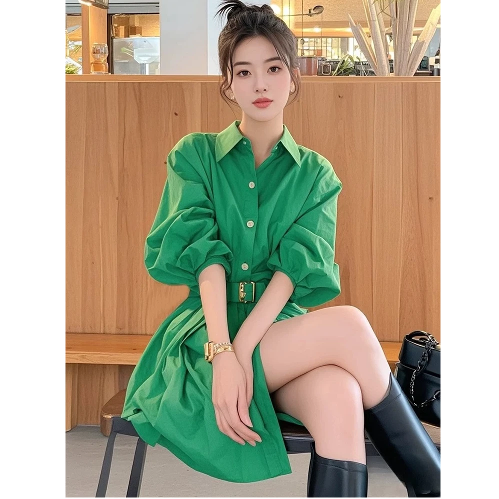 2025新款时尚流行爆款裙子御姐高知穿搭绝美绿色收腰衬衫连衣裙女