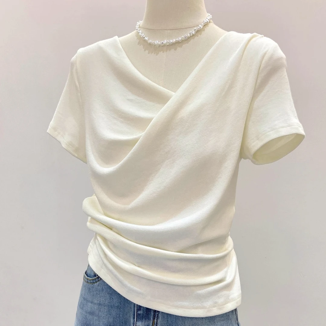 不规则褶皱ins别致独特设计感荡领短袖T恤女2025夏季新款小众上衣