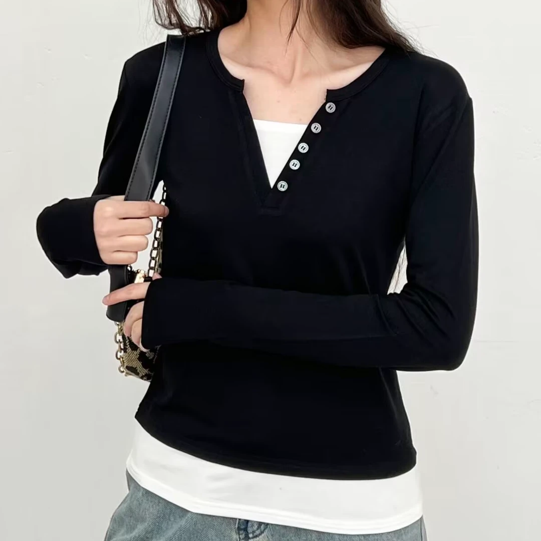 2025春夏 显瘦王 拼接假两件套百搭 打底T恤2125