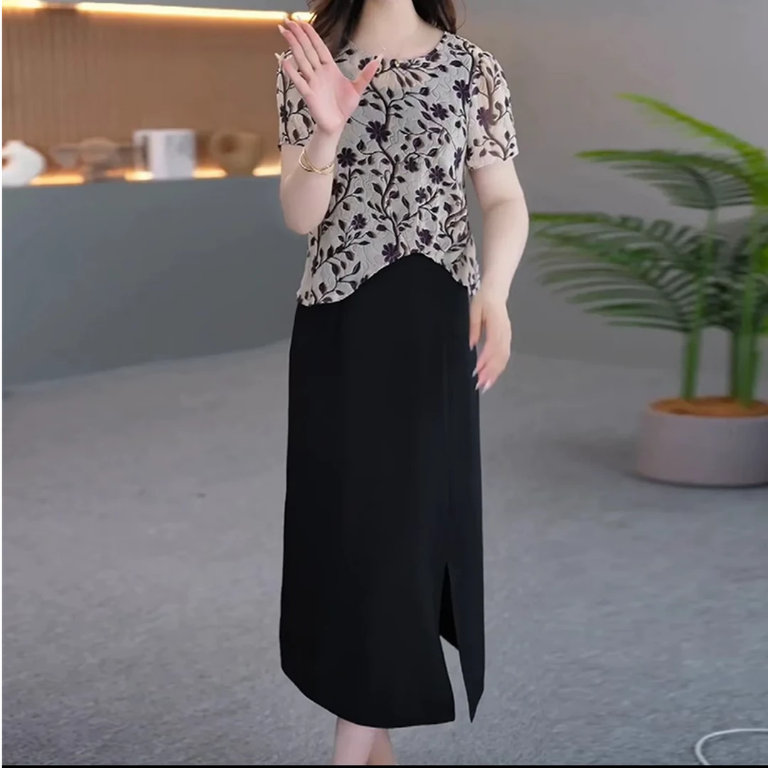 JQ186夏季新款阔太太服装中老年女装印花短袖连衣裙套装两件套