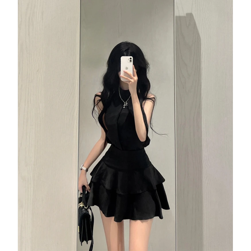 甜辣无袖挂脖背心上衣小个子气质两件套女春荷叶边半身裙蛋糕短裙