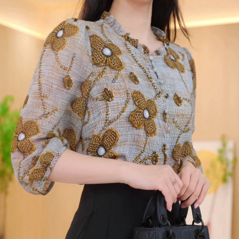扶摇2025女士气质夏季春夏印花洋气显瘦小衫圆领提花M585沐沐