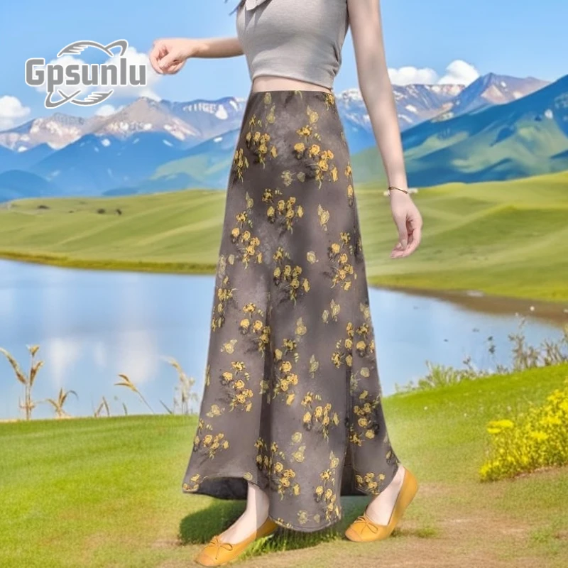 gpsunlu垂感印花长裙新款侧开叉时尚包臀碎花裙半身裙女夏日绝美