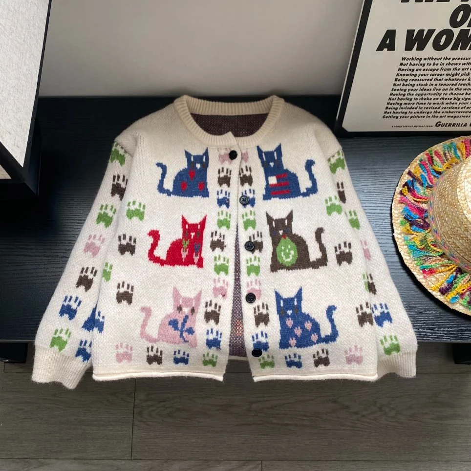 【亲子装】女童针织开衫2024秋冬新款中大童复古猫咪提花毛衣外套