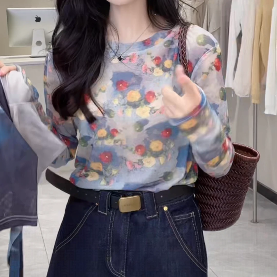 设计感圆领套头复古扎染设计感2025夏季新款薄款长袖洋气防晒罩衫