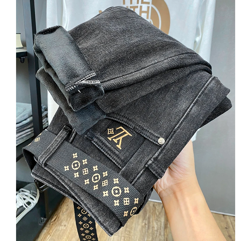 景君澜冬季新款男士牛仔裤加绒加厚保暖潮牌痞帅小脚裤哈伦裤垮裤