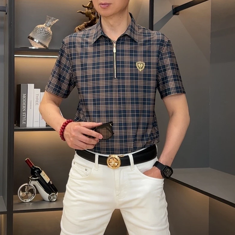2025夏季蓝黄格休闲翻领polo衫男款百搭时尚格子短袖t恤轻奢商务