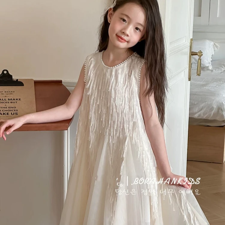 女童背心连衣裙2025夏季新款女宝流苏吊带公主裙中大童珍珠礼服裙