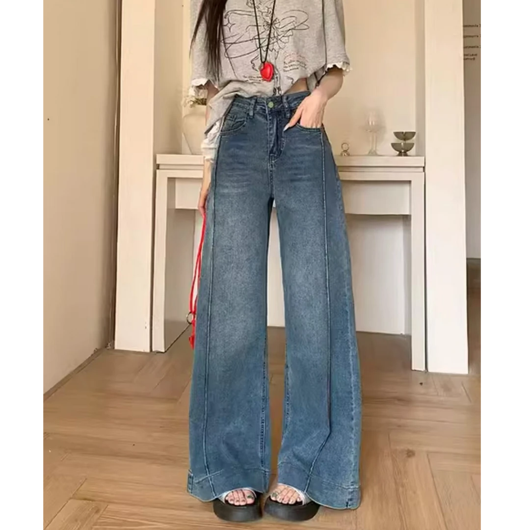 【柚柚】夏季新款微胖大码高腰阔腿裤微喇牛仔裤显瘦裤子33215