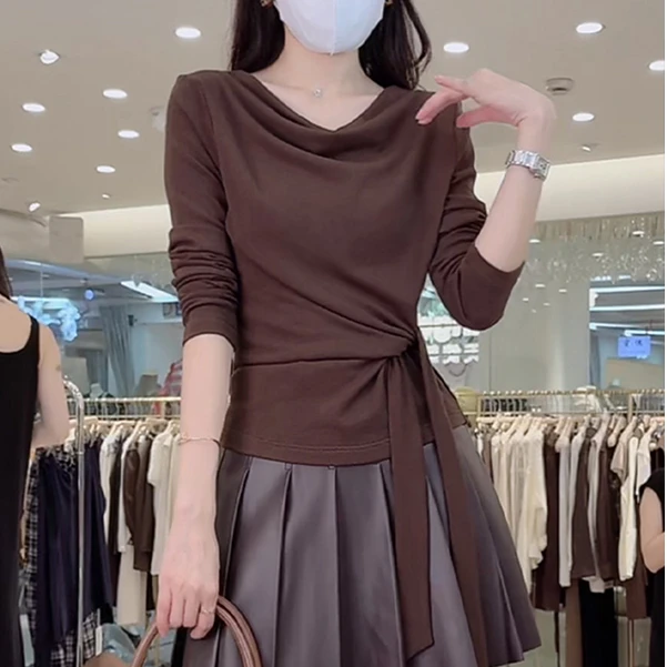 韩系高级感薄款长袖t恤女早秋新款时尚气质洋气减龄系带收腰上衣