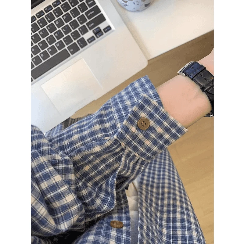 vintage蓝色格子衬衫高级感叠穿衬衣男女同款秋宽松百搭长袖外套