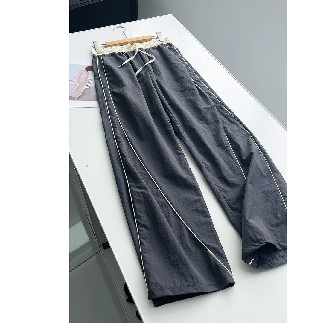 运动风撞色滚边拼接系带松紧腰休闲裤宽松直筒裤女春款清爽