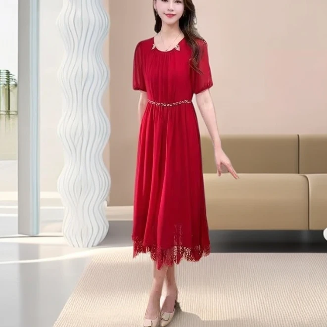 8045#红【木兮兮专属】2025年夏季新款气质显瘦百搭时尚烫钻连衣裙