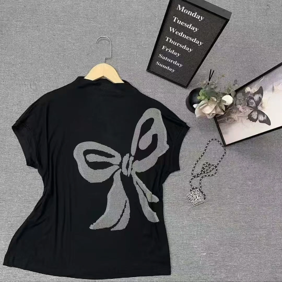夏款新款一字领蝴蝶结图案        T恤衫