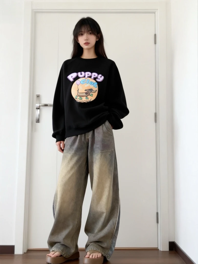 设计感印花秋冬字母小狗圆领卫衣户外男装插肩袖宽松男女潮牌