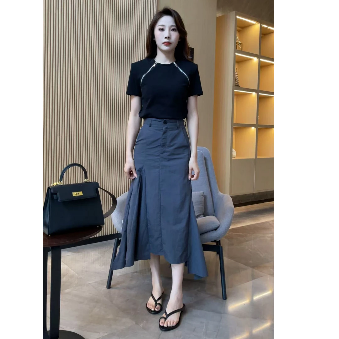 【梦婷家】肌理感插片设计高低下摆鱼尾裙显瘦气质A字半身裙-25690