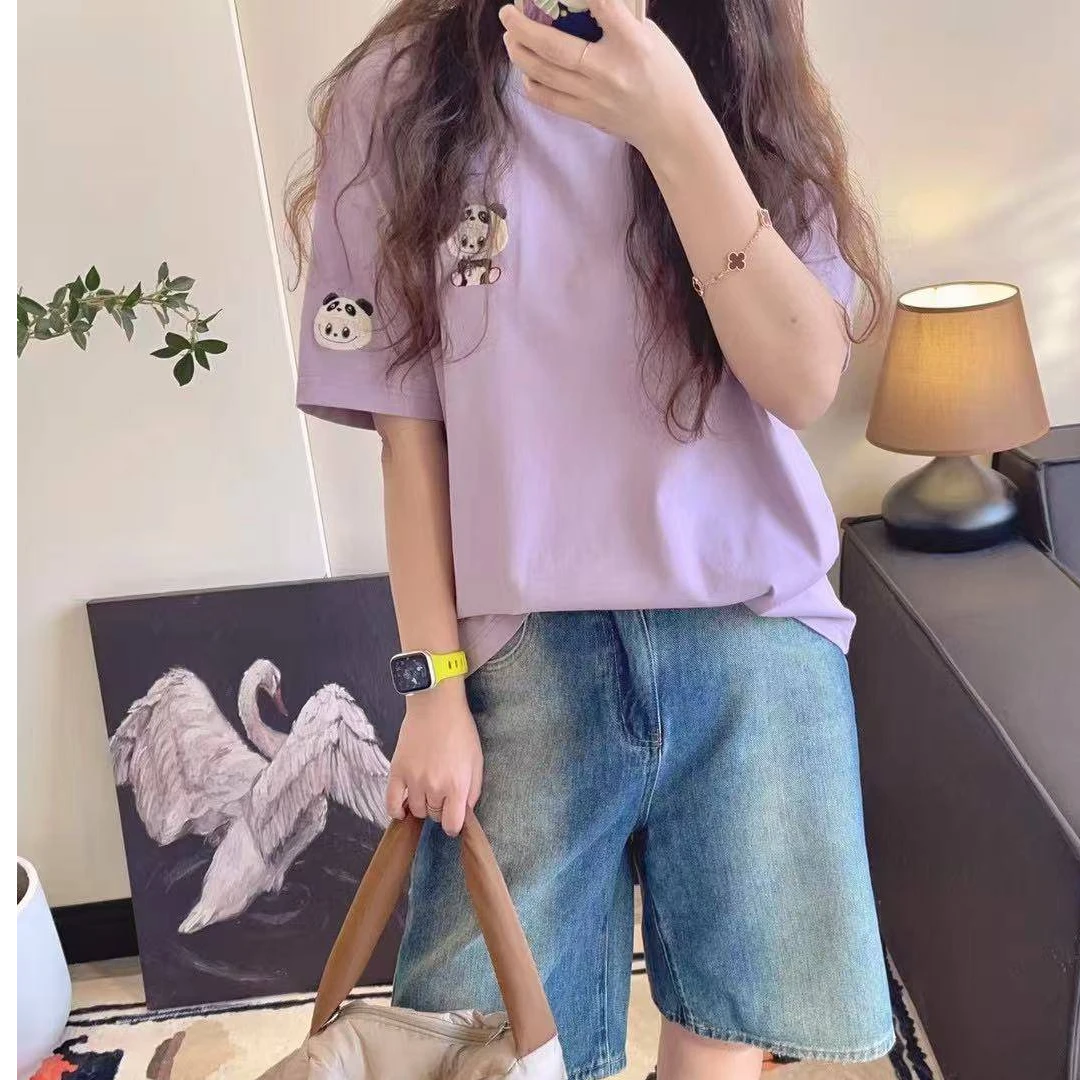 纸袋家春季新款「刺绣熊猫布布200克纯棉双纱短袖」3539简约圆领T恤