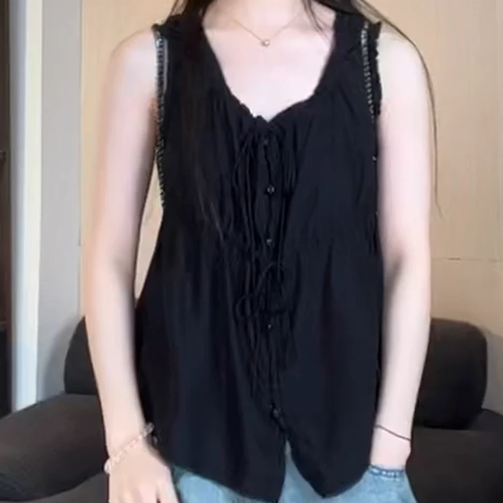 夏日呼吸感 系带抽绳设计感无袖背心C5452