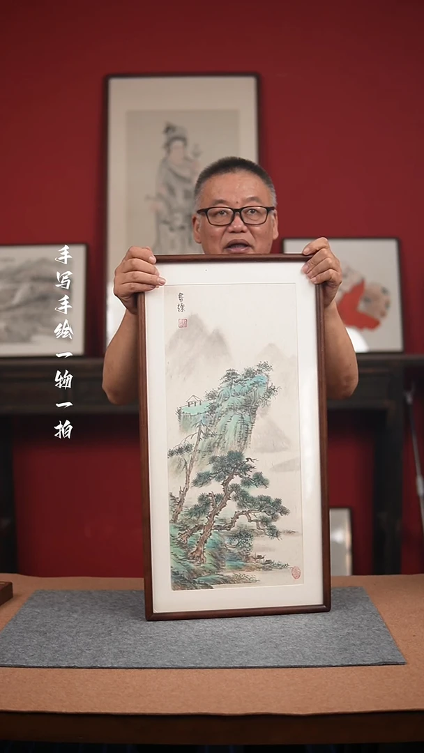 国画手绘-36*69实木框山水