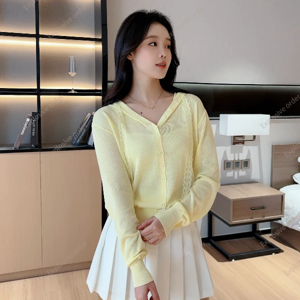 【现货】夏季竹节麻蕾丝飘带连帽休闲风防晒毛针织衫上衣温柔毛衣